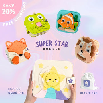 SUPER STAR BUNDLE - Set of 01 Big Quiet Book & 04 Mini Quiet Books (LITTLE STAR, OCEAN FRIENDS, BROWN LION, MELLOW FOX, & SILLY FROG) Educational Toys for Toddlers