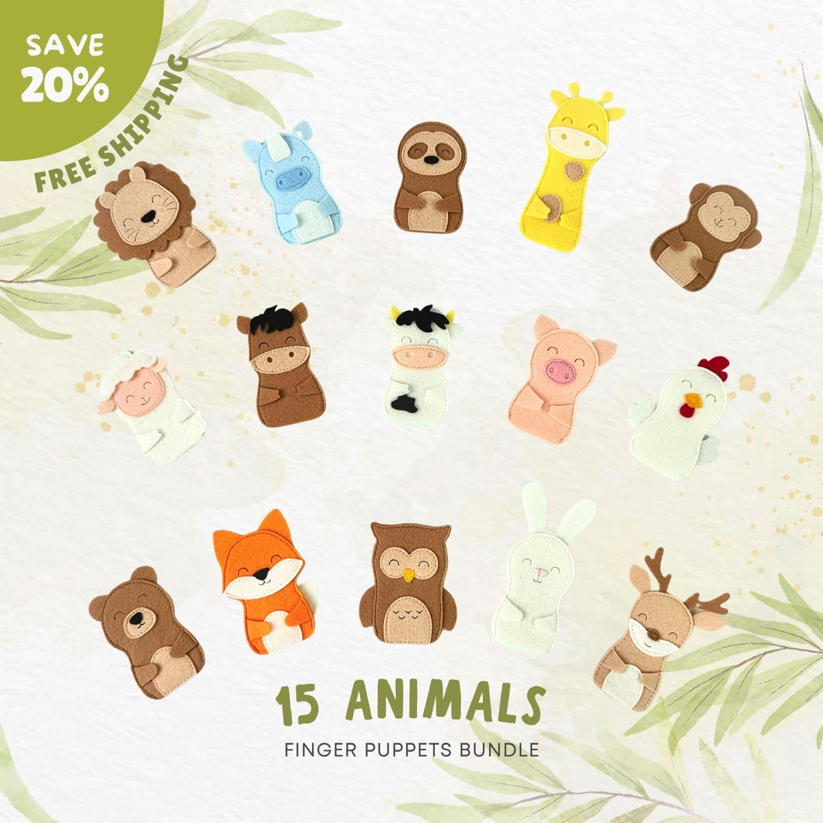 [Bundle] Set of 15 Felt Finger Puppets FOREST PALS & FARM BUDDIES & JUNGLE FRIENDS Interactive Toys for Toddlers - TinyBusy