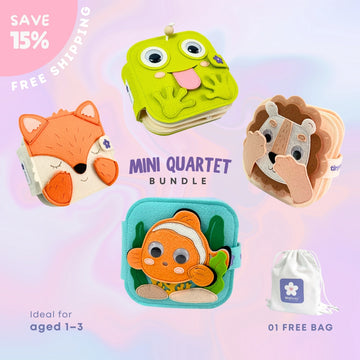 MINI QUARTET BUNDLE - Set of 04 Mini Quiet Books BROWN LION & MELLOW FOX & OCEAN FRIENDS & SILLY FROG Educational Toys for Toddlers - TinyBusy