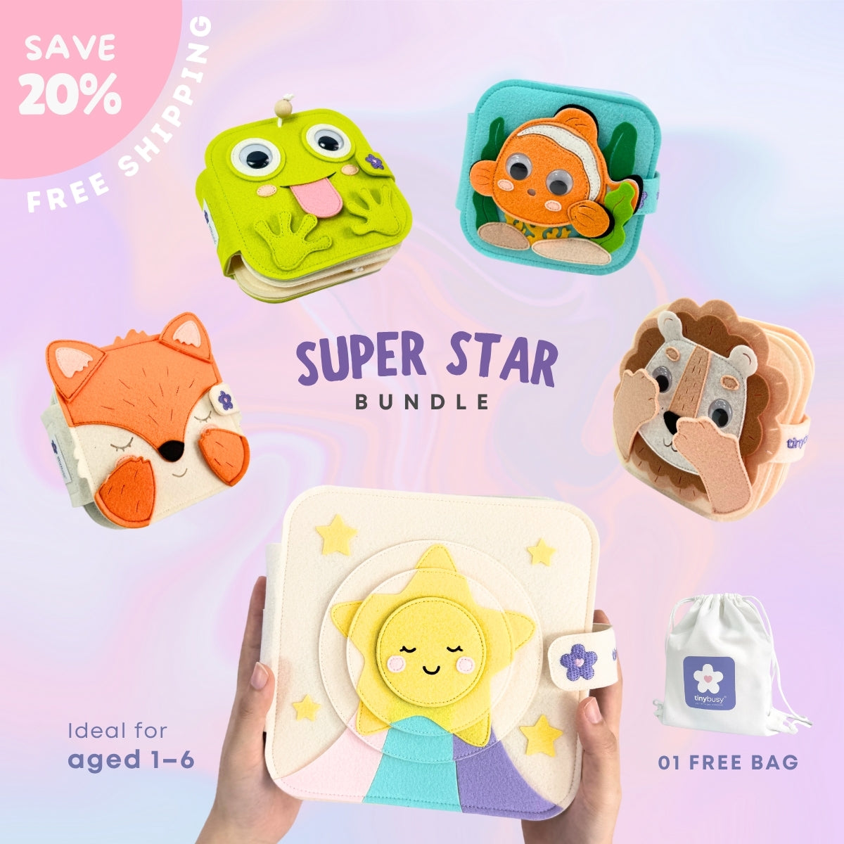 SUPER STAR BUNDLE - Set of 01 Big Quiet Book & 04 Mini Quiet Books (LITTLE STAR, OCEAN FRIENDS, BROWN LION, MELLOW FOX, & SILLY FROG) Educational Toys for Toddlers