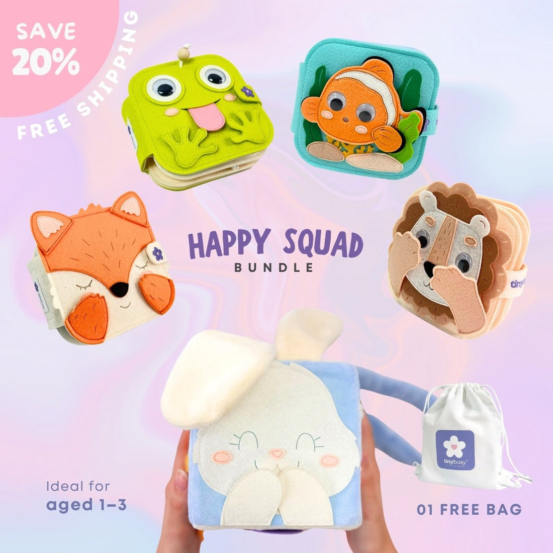 HAPPY SQUAD BUNDLE - Set of 01 Cube & 4 Mini Quiet Books (HAPPY BUNNY, OCEAN FRIENDS, BROWN LION, MELLOW FOX, & SILLY FROG) Educational Toys for Toddlers - TinyBusy