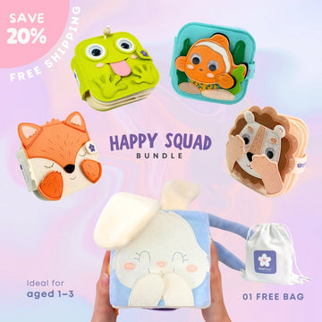 HAPPY SQUAD BUNDLE - Set of 01 Cube & 4 Mini Quiet Books (HAPPY BUNNY, OCEAN FRIENDS, BROWN LION, MELLOW FOX, & SILLY FROG) Educational Toys for Toddlers - TinyBusy