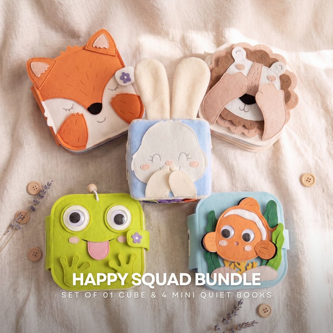 HAPPY SQUAD BUNDLE - Set of 01 Cube & 4 Mini Quiet Books (HAPPY BUNNY, OCEAN FRIENDS, BROWN LION, MELLOW FOX, & SILLY FROG) Educational Toys for Toddlers - TinyBusy