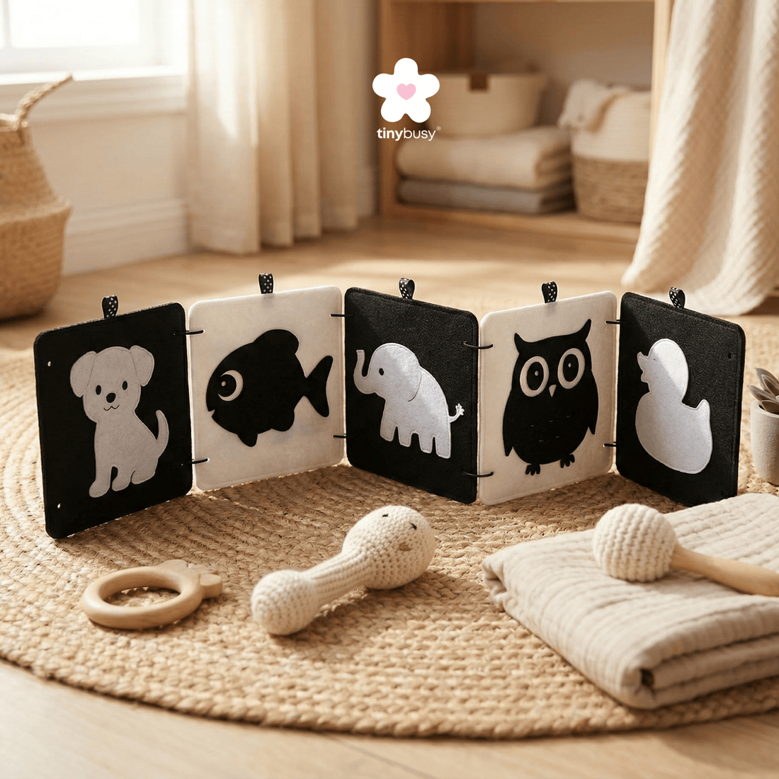 High Contrast Baby Animal Cards DT1 | 5 Double - Sided Cards for Infant Visual Stimulation - TinyBusy