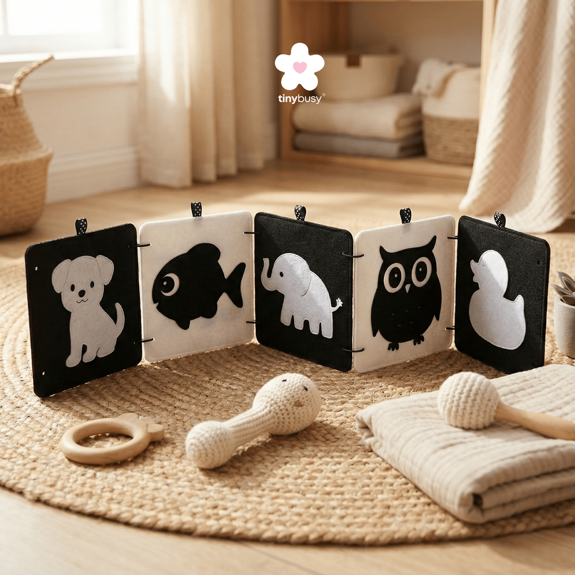High Contrast Baby Animal Cards DT1 | 5 Double - Sided Cards for Infant Visual Stimulation - TinyBusy