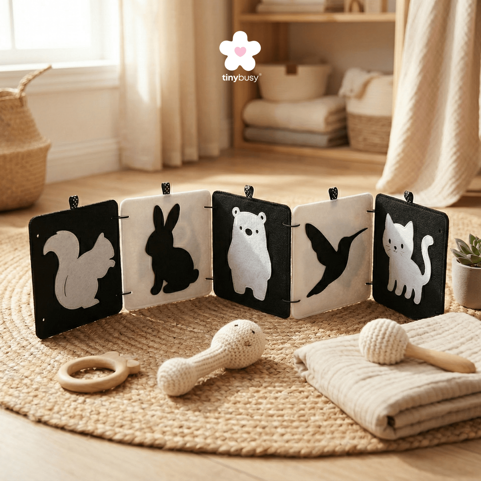 High Contrast Baby Animal Cards DT1 | 5 Double - Sided Cards for Infant Visual Stimulation - TinyBusy