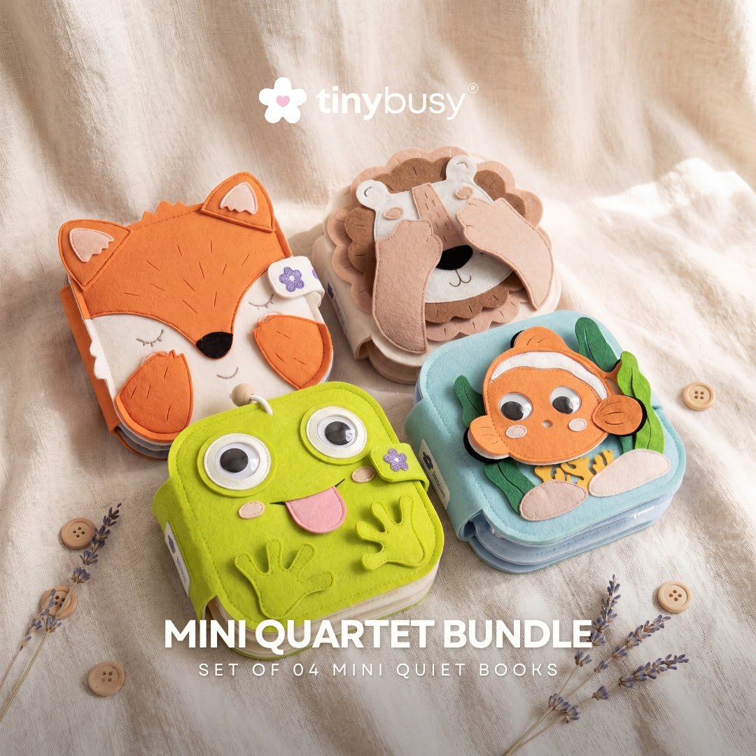MINI QUARTET BUNDLE - Set of 04 Mini Quiet Books BROWN LION & MELLOW FOX & OCEAN FRIENDS & SILLY FROG Educational Toys for Toddlers - TinyBusy