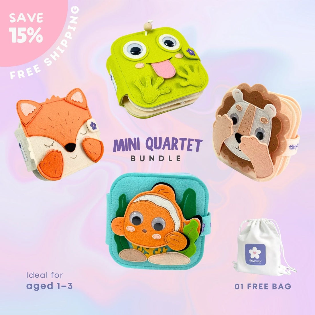 MINI QUARTET BUNDLE - Set of 04 Mini Quiet Books BROWN LION & MELLOW FOX & OCEAN FRIENDS & SILLY FROG Educational Toys for Toddlers - TinyBusy