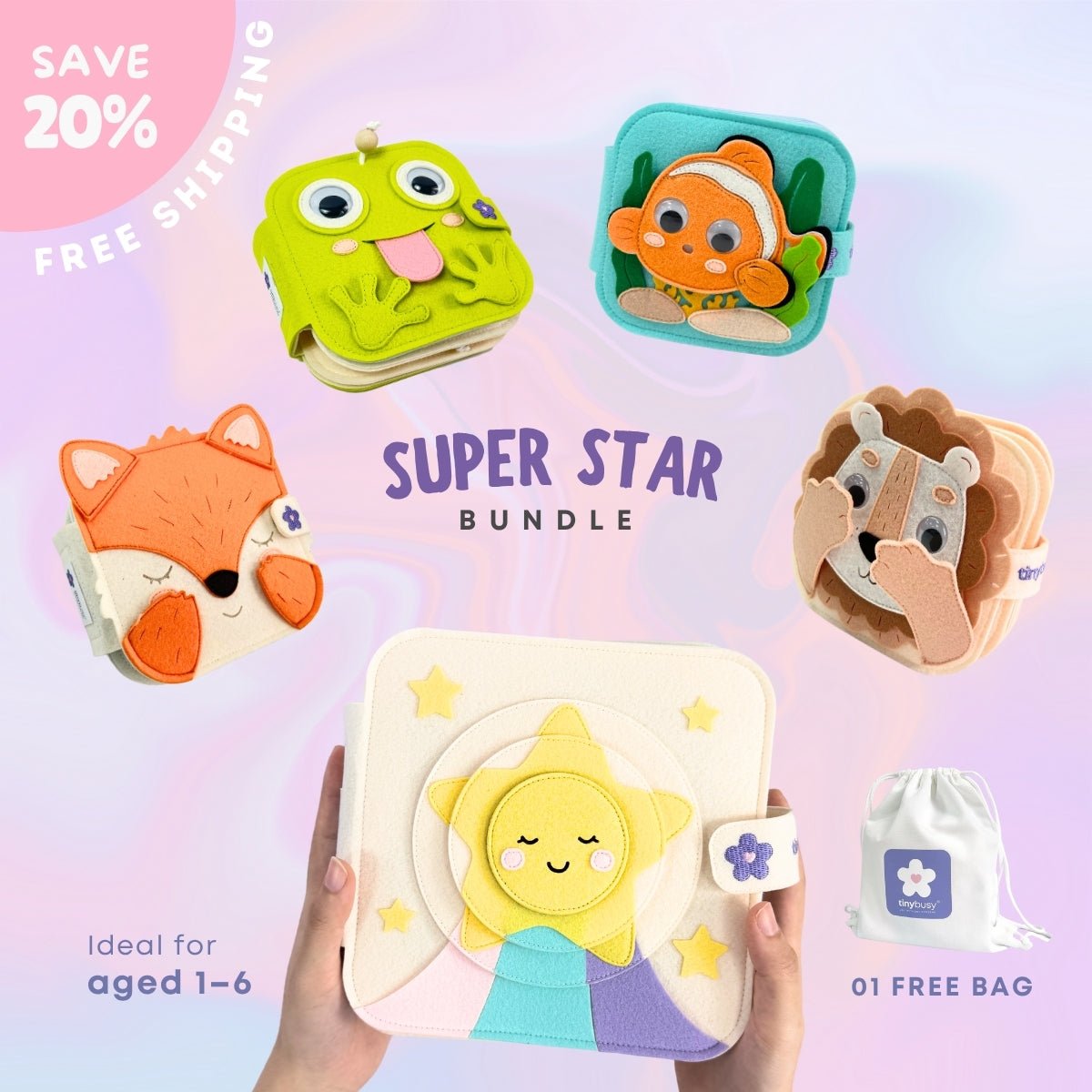 SUPER STAR BUNDLE - Set of 01 Big Quiet Book & 04 Mini Quiet Books (LITTLE STAR, OCEAN FRIENDS, BROWN LION, MELLOW FOX, & SILLY FROG) - TinyBusy