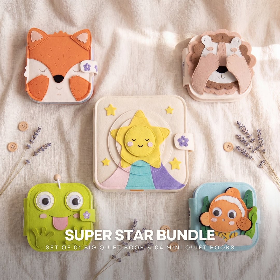 SUPER STAR BUNDLE - Set of 01 Big Quiet Book & 04 Mini Quiet Books (LITTLE STAR, OCEAN FRIENDS, BROWN LION, MELLOW FOX, & SILLY FROG) - TinyBusy