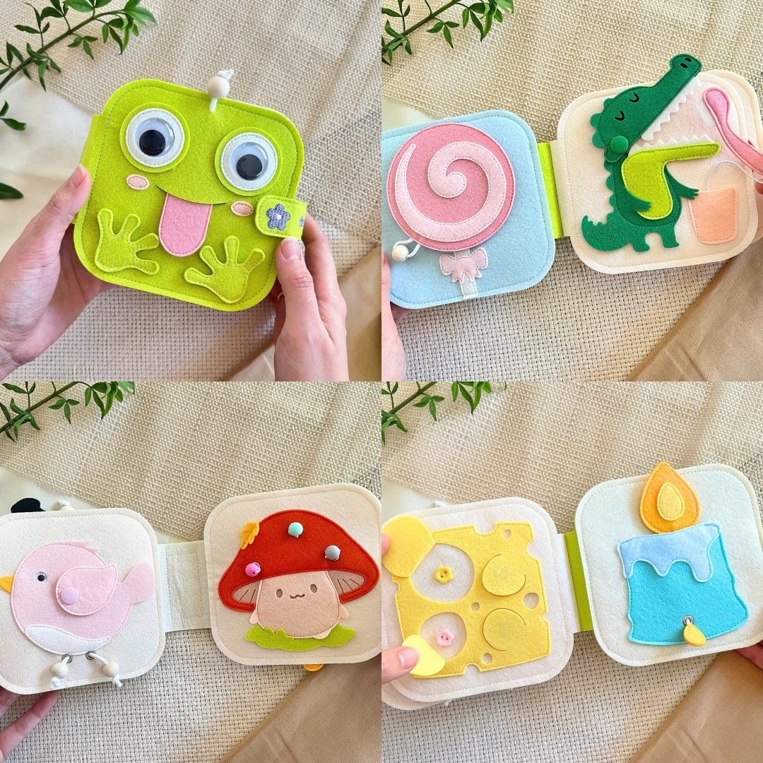 HAPPY SQUAD BUNDLE - Set of 01 Cube & 4 Mini Quiet Books (HAPPY BUNNY, OCEAN FRIENDS, BROWN LION, MELLOW FOX, & SILLY FROG) Educational Toys for Toddlers - TinyBusy